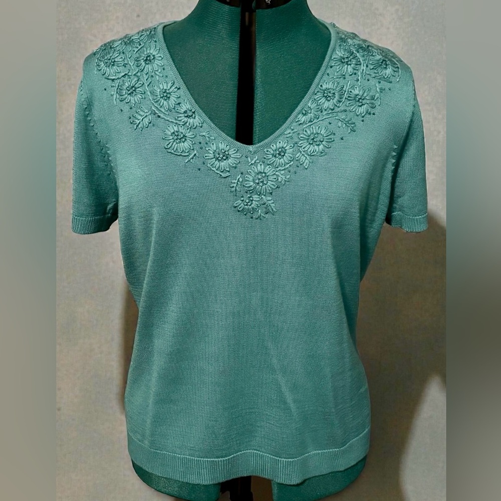 Embroidered Teal V-Neck‎ Women's Top